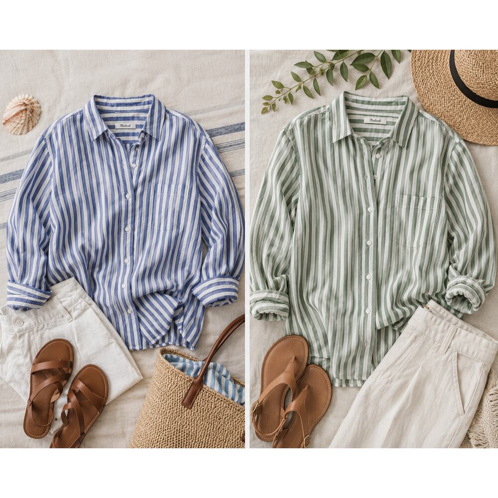 Madewell XL Striped Button Down Shirt Bundle Blue & Green Coastal Capsule